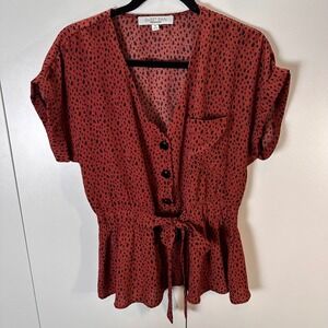 Sweet Rain Womens M Rust Brown Black Leopard Peplum Y2K Mob‎ Wife Glam Top